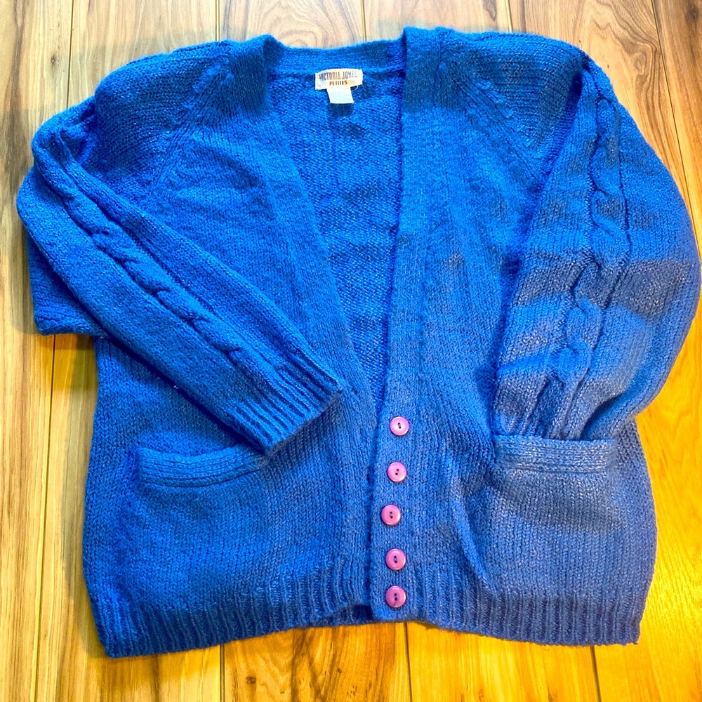 VICTORIA JONES- Blue Cardigan with Purple Buttons